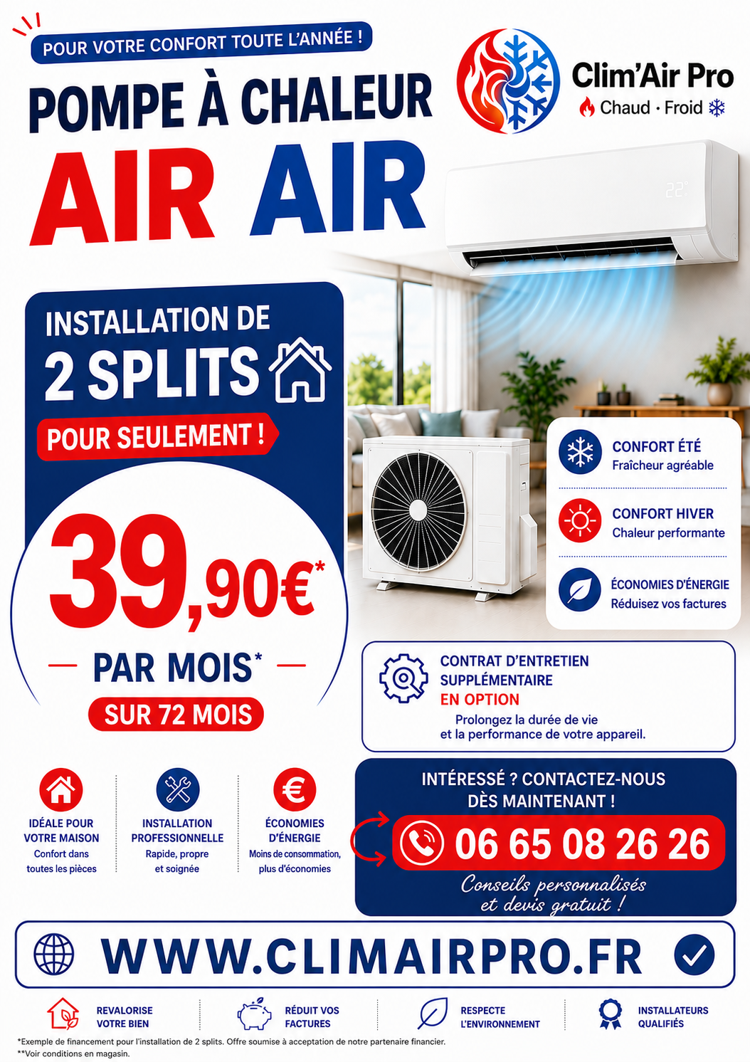 Offre promotionnelle Clim'Air Pro : installation de 2 splits de climatisation réversible à partir de 39,90 € par mois