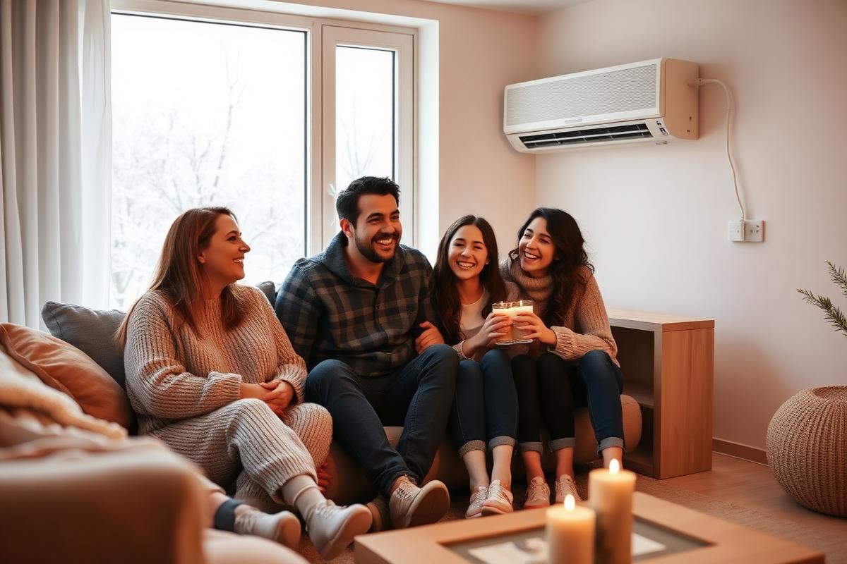 Famille profitant du confort d'une pompe à chaleur en hiver