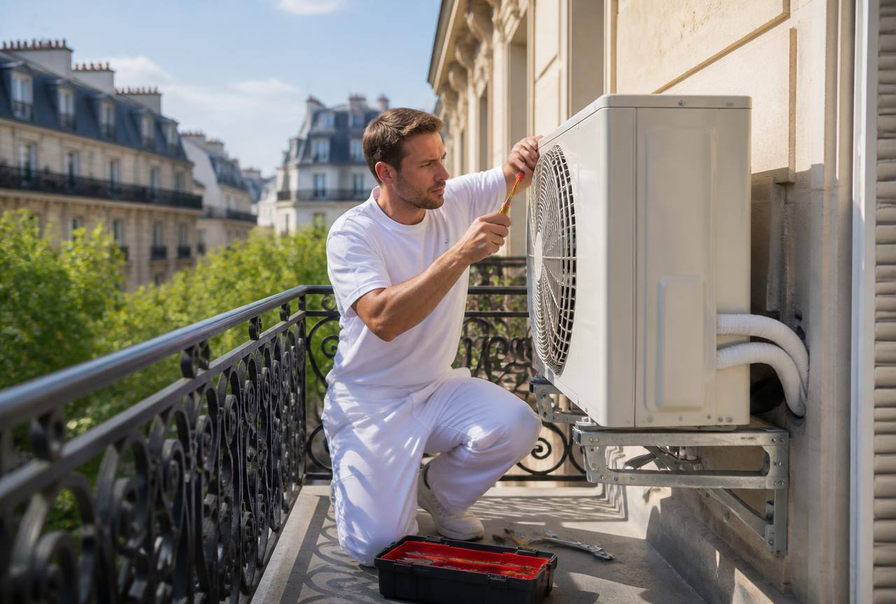 Technicien Clim'Air Pro installant une pompe à chaleur air/air à Créteil